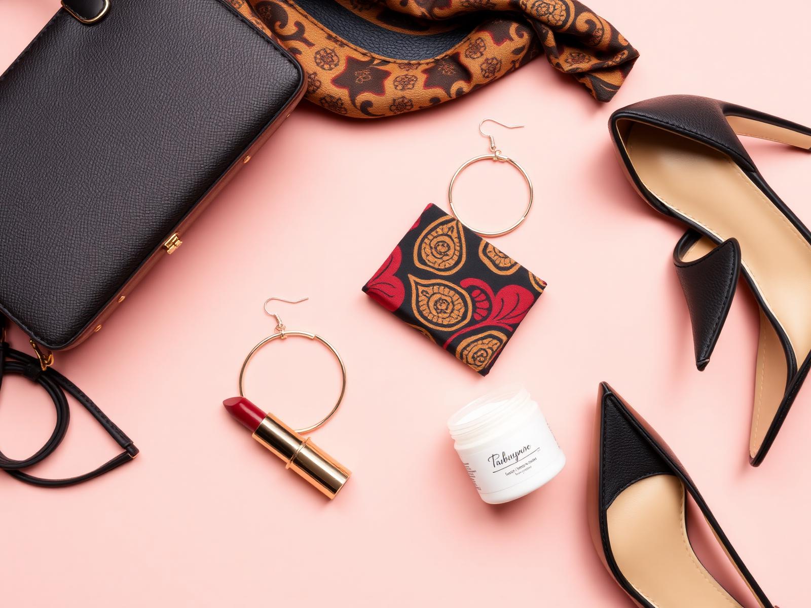 Fashion and beauty flat-lay: handbag, lipstick, earrings, Ankara fabric, cream, heels